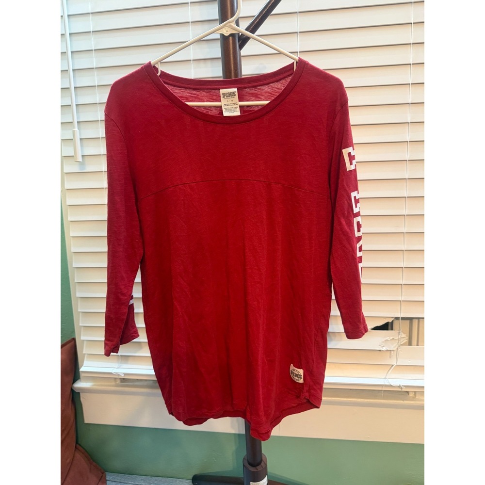 Victoria's Secret PINK Campus Long Sleeve Shirt L Red Spellout Logo 2016